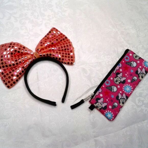 Minnie Mouse Bundle: Headband with Large Sequined Bow + Minnie Pink Pencil Case - Picture 1 of 8